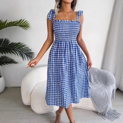 Women’s Midi Sundress – Slim Fit – Smocked Bodice – Checked – Bow Tie Straps