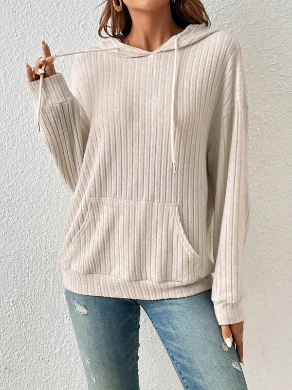 Rib Knit Relaxed Fit Hooded Sweater 