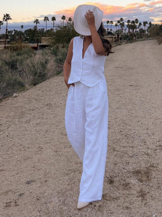 Women's Vest and Wide-Leg Pants Set - Tailored Fit - Sleeveless - High Waist Elegant Outfit