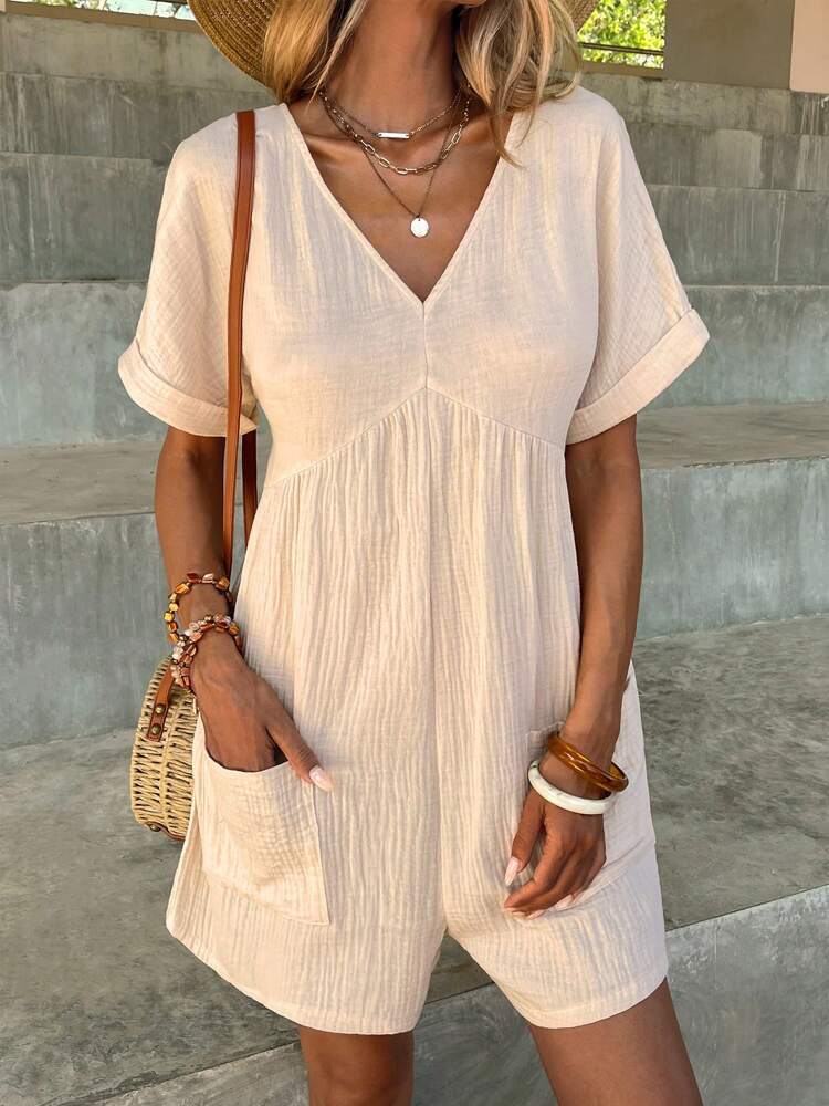 Textured Loose Fit V-Neck Romper