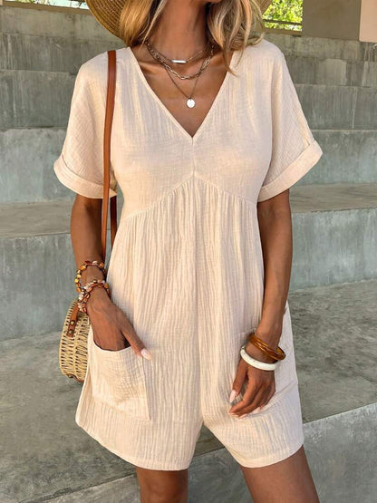 Women’s Romper - V-Neck Short Sleeve - Loose Fit with Front Pockets - Textured Fabric