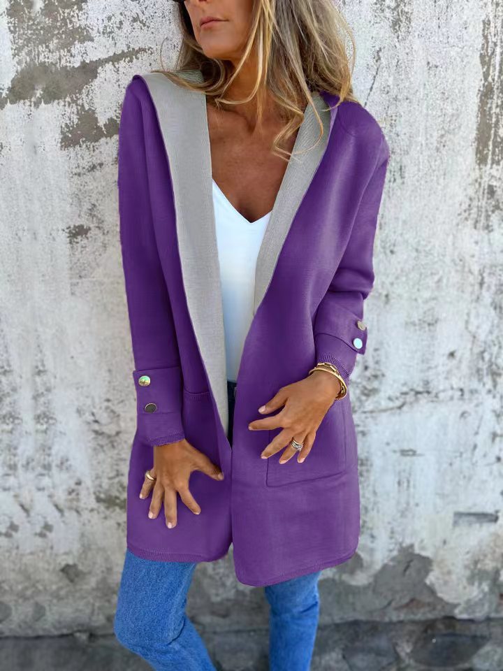 Women’s Hooded Cardigan – Soft Knit – Relaxed Fit – Contrast Trim – Front Pockets