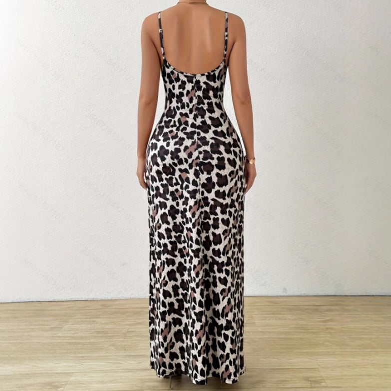 Women’s Sleeveless Dress – Slim Fit – Leopard Print – Full Length with Side Slit