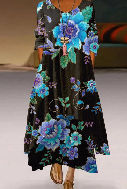 Women's Maxi Dress - Flowy Ankle-Length - 3/4 Sleeve - Round Neck - Artistic Floral Print