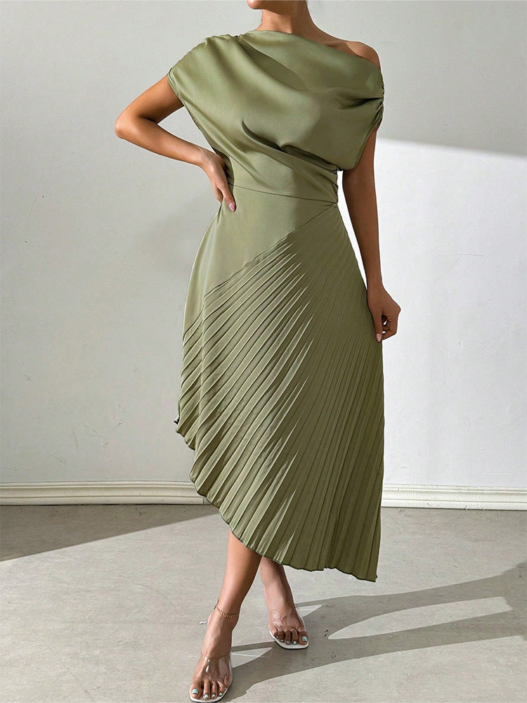 Asymmetrical Pleated One Shoulder Midi Dress