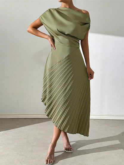 Women’s Midi Dress – One Shoulder – Asymmetrical Fit – Pleated Skirt – Elegant Style