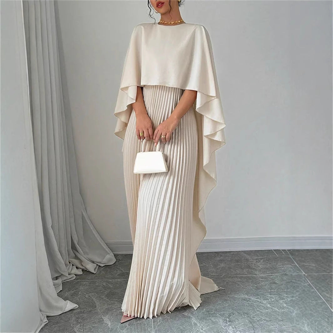 Women’s Maxi Dress – Elegant Pleated Skirt – Batwing Sleeves – High Neck Flowing Fit