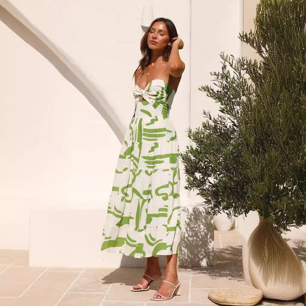 Abstract Print Ruched Bust Maxi Dress
