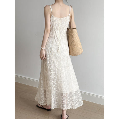 Women’s Maxi Dress – Slim Fit Lace – Spaghetti Strap – Floral Embroidered Elegance