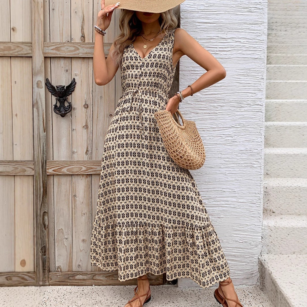 Women’s Midi Dress – Sleeveless V-Neck – Bohemian Print – Waist Tie Flowy Fit