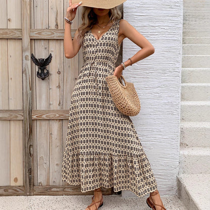 Women’s Midi Dress – Sleeveless V-Neck – Bohemian Print – Waist Tie Flowy Fit
