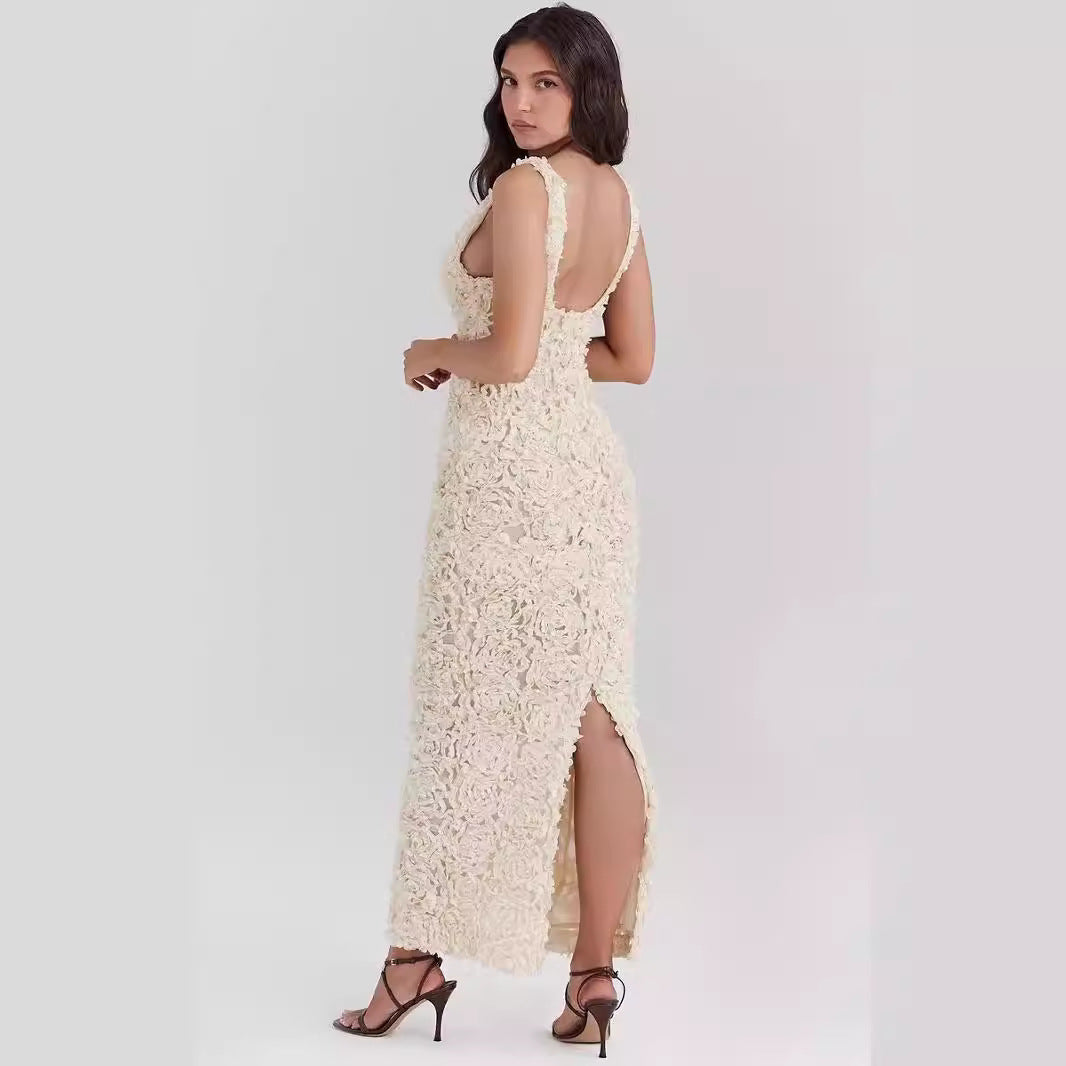 3D Floral Textured Slim Fit Evening Dress