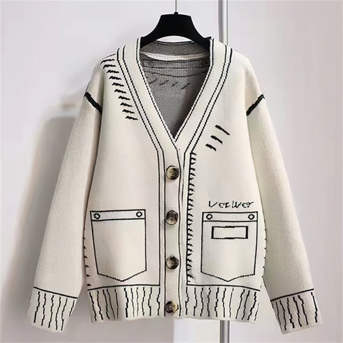 Women's black and white knitted loose slouchy cardigan