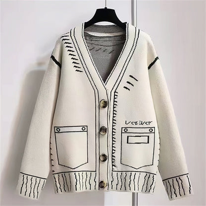 Women's black and white knitted loose slouchy cardigan