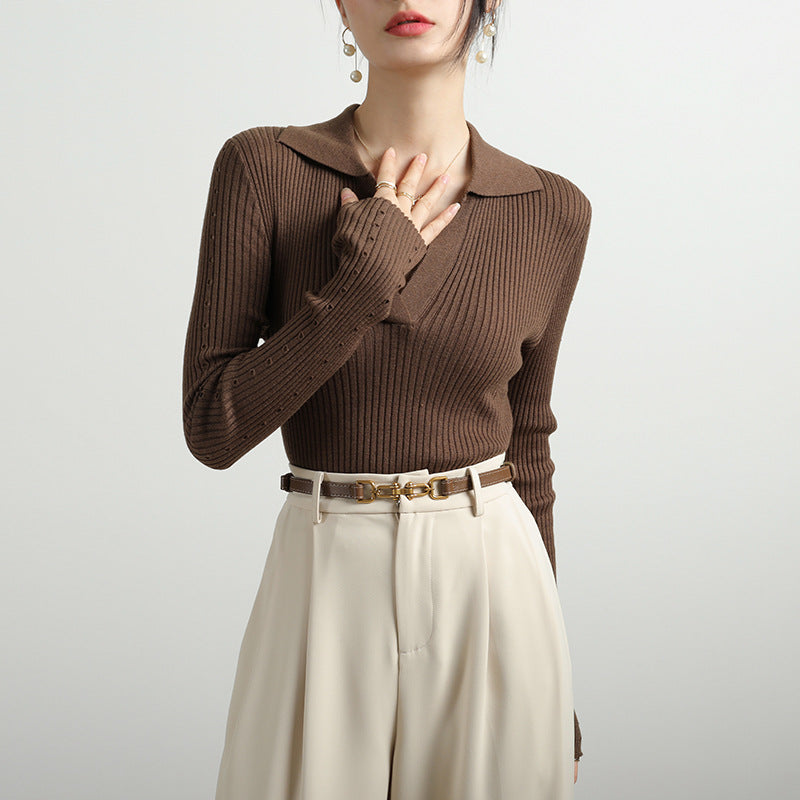 Elegant Ribbed V-Neck Collared Sweater