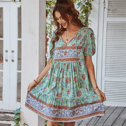 Women’s A-Line Mini Dress – 100% Cotton – V-Neck Tie – Puff Sleeve – Floral Tiered
