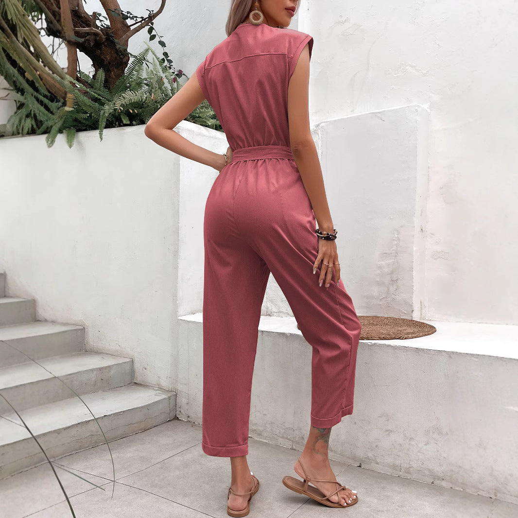 Relaxed Fit Tie Waist Ankle Jumpsuit