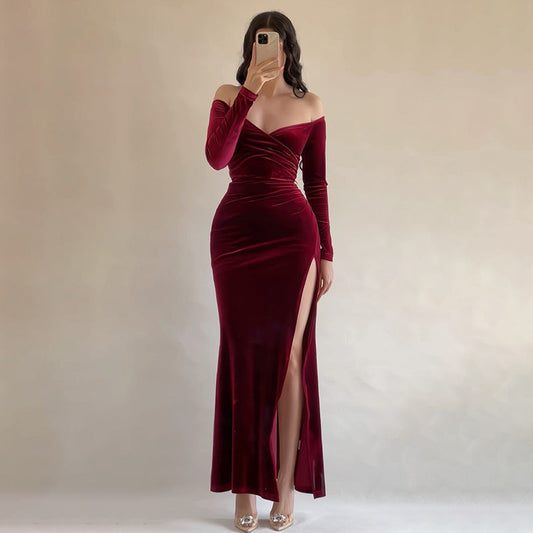 Velvet Off-Shoulder Form Fitting Long Dress