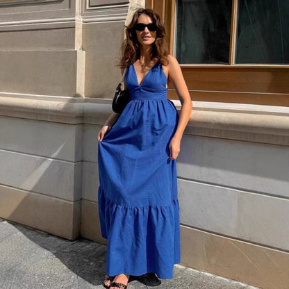 Women’s Maxi Dress – Cotton Linen Blend – Sleeveless V-Neck – Tiered A-Line Fit