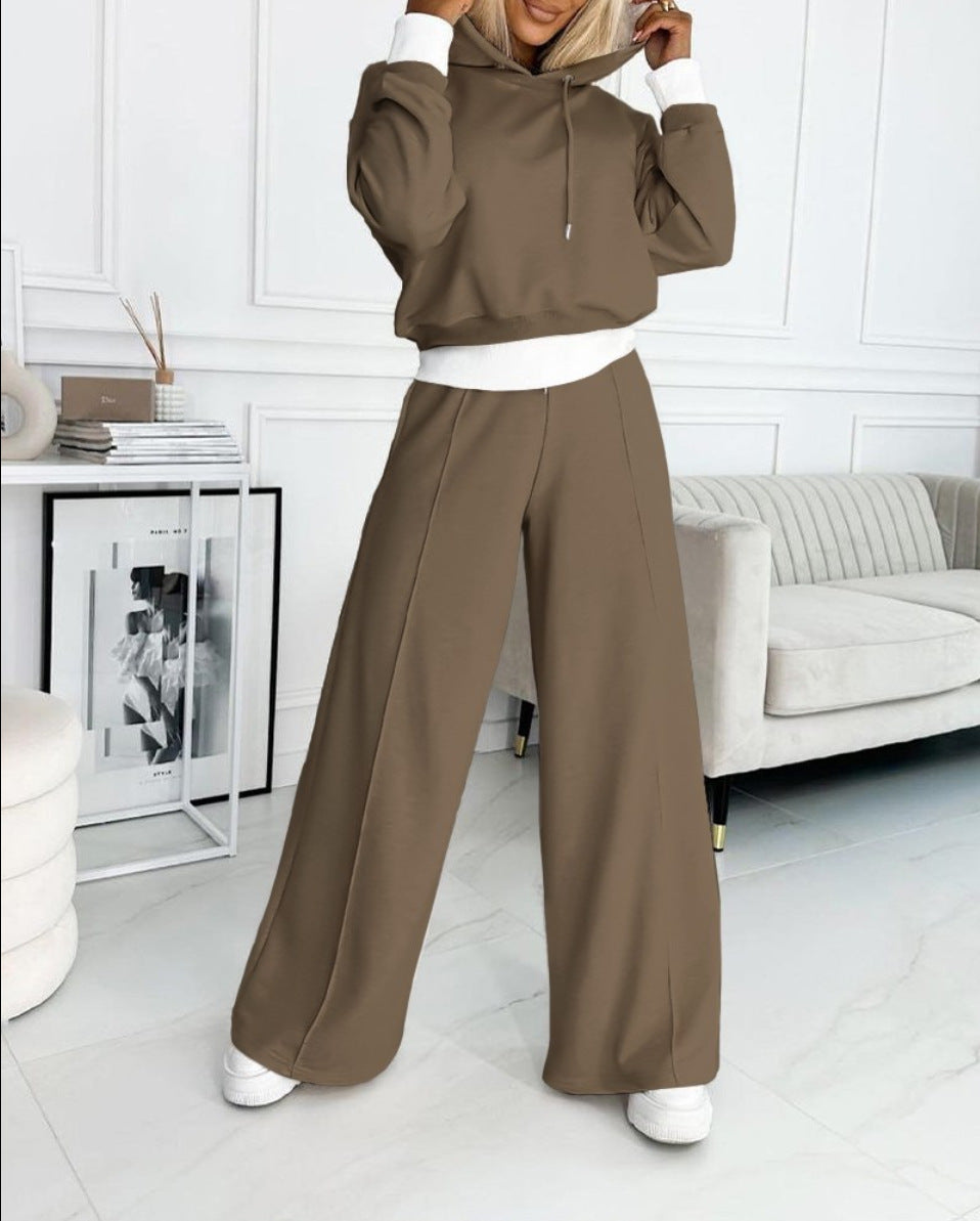 Women's hoodie sweatshirt and a high waist wide leg drawstring pants