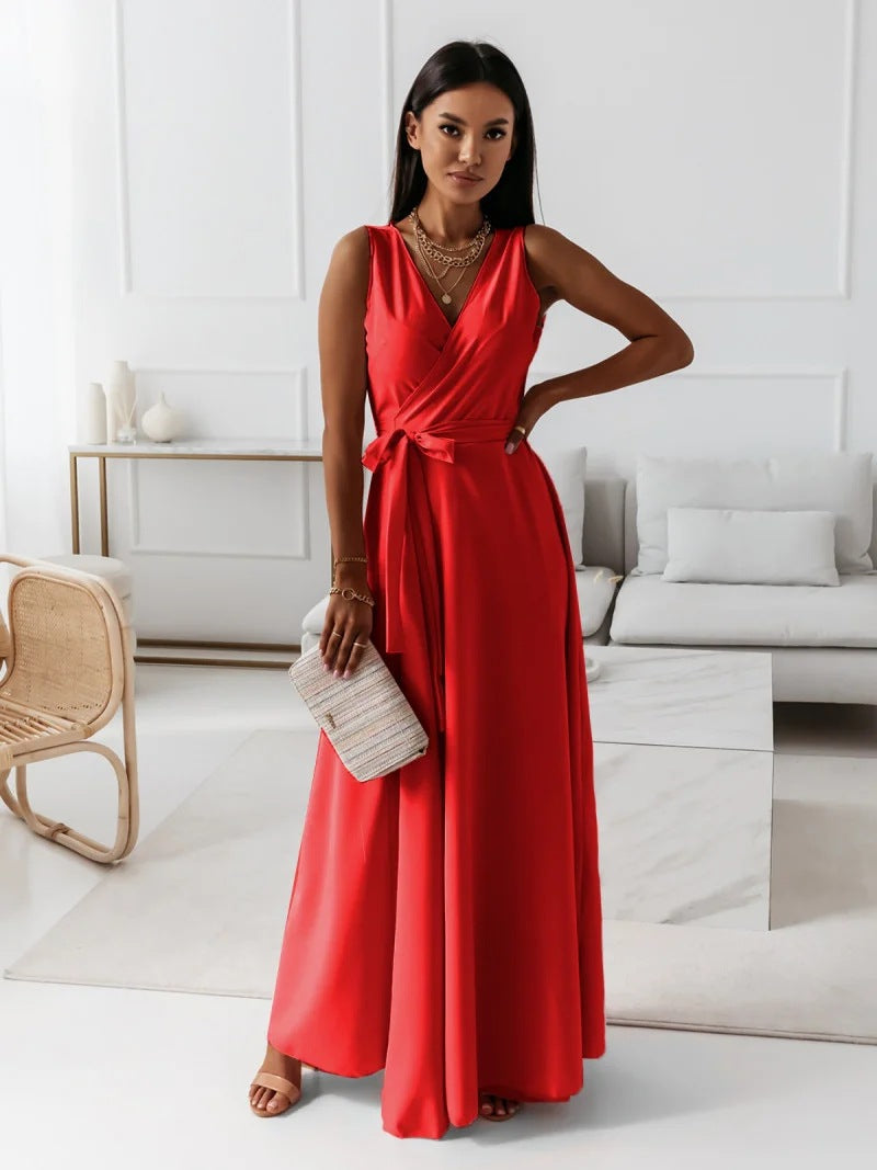 Women's Evening Gown - Sleeveless V-Neck - Wrap-Style Floor-Length Elegant Dress