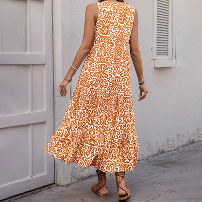 Women’s Midi Dress – V-Neck – Sleeveless – Relaxed Fit – Abstract Print – A-Line