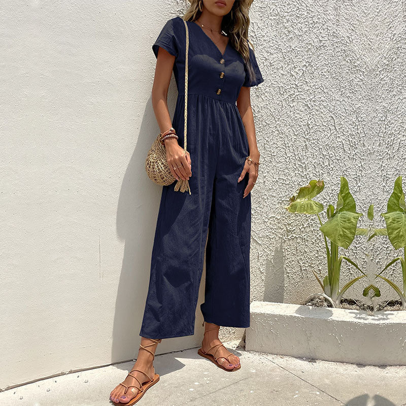 Linen Blend Relaxed Fit Wide Leg Jumpsuit