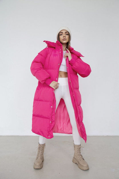 Women’s Long Puffer Trench Coat – Oversized Fit – Quilted Insulated – Hooded Zip Front