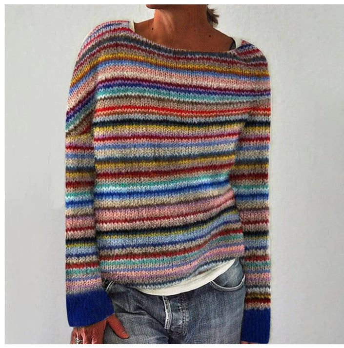 Women's loose multicolor striped round neck knit pullover sweater