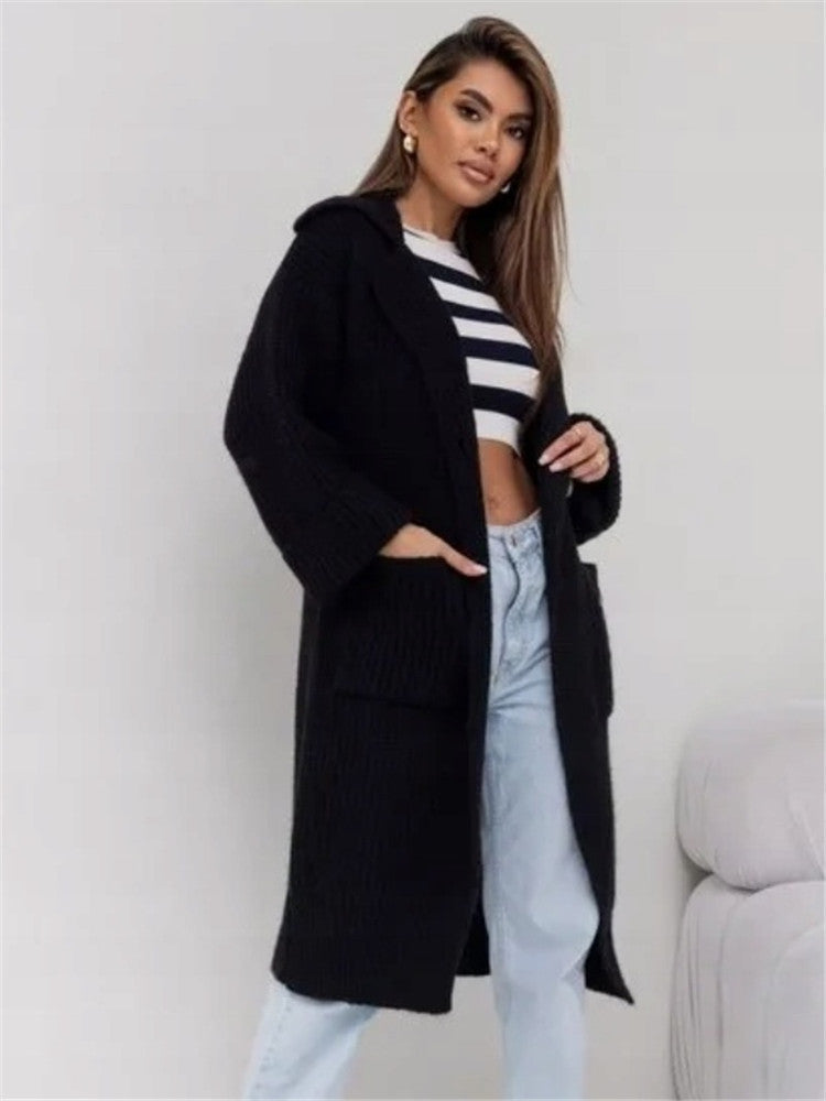 Wool Blend Oversized Knit Coat with Hood 