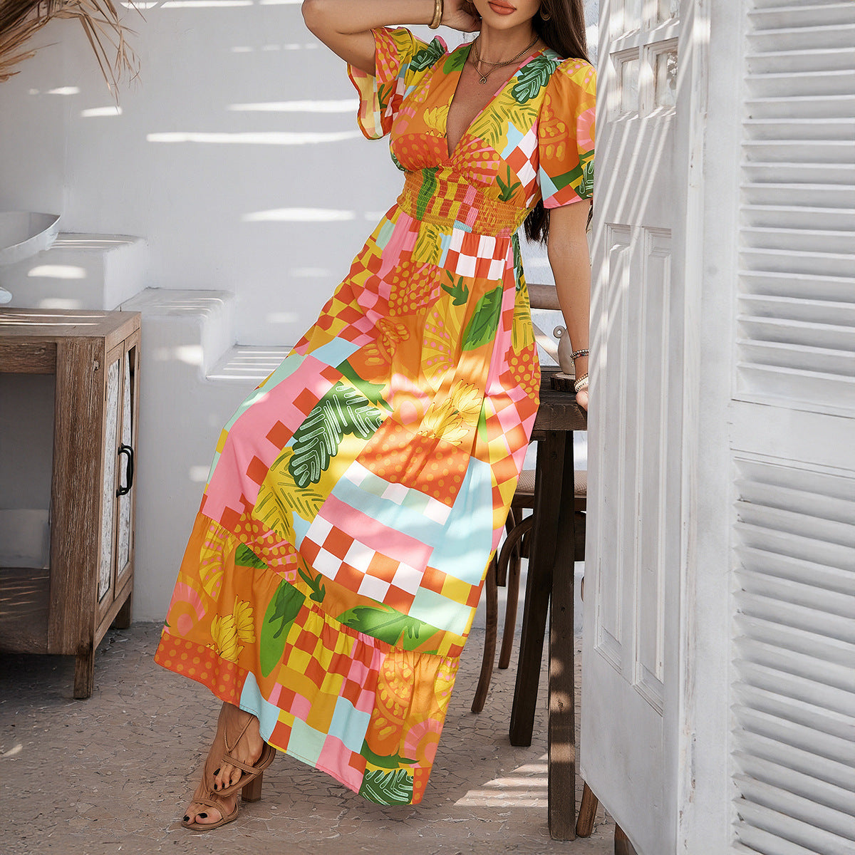 Women’s Maxi Dress – Lightweight Cotton – V-Neck – High Waist – Puff Short Sleeve