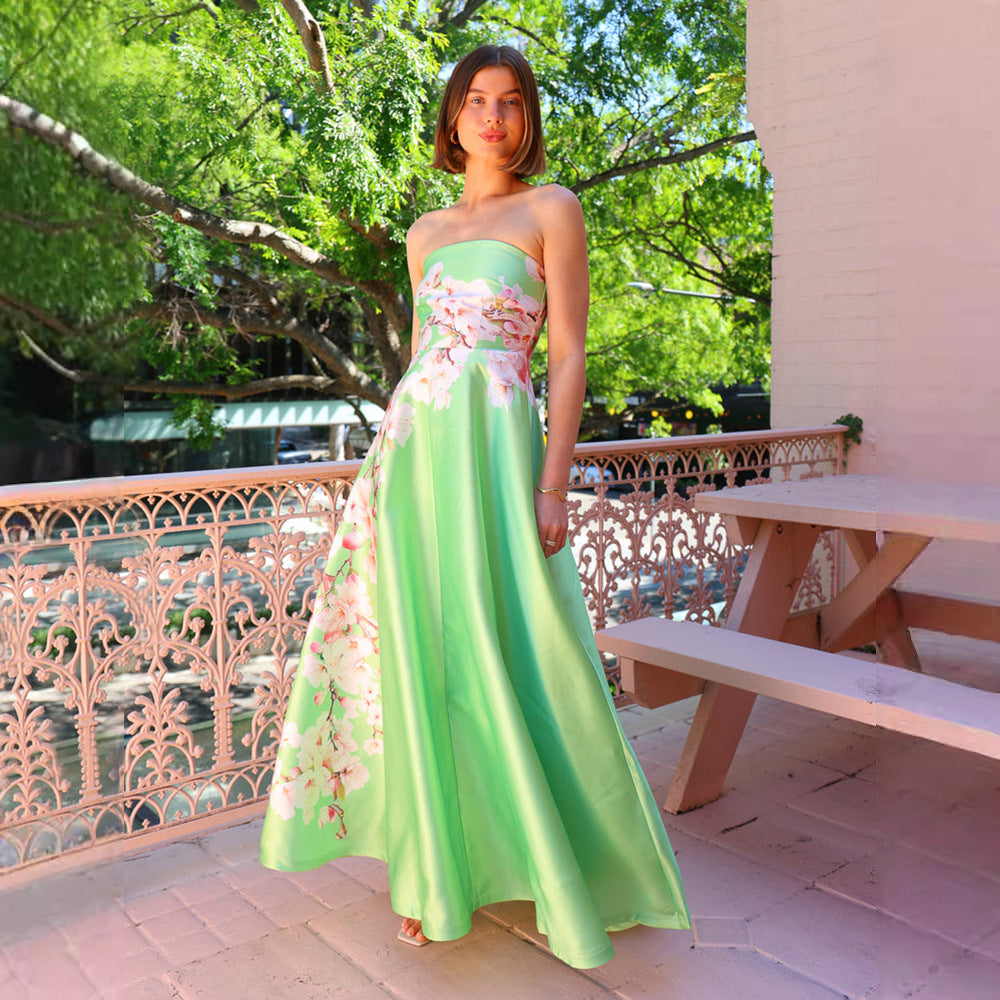 Women’s Evening Gown – Strapless Satin – Slim Fit – Floral Print Full-Length Dress