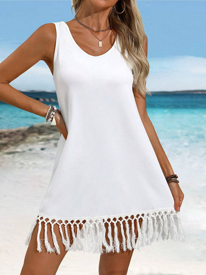 Women's Beach Dress - Sleeveless Design - Tassel Trim