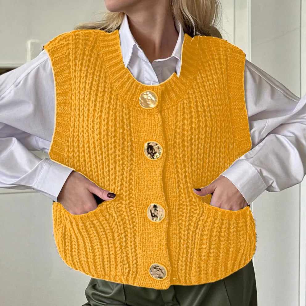 Women’s Knitted Vest – Wool Blend – Oversized Fit – Ribbed – Button Front – Pockets