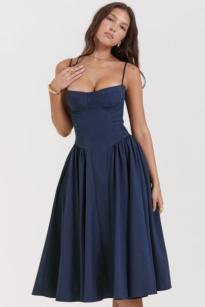 Women’s Midi Dress – Fitted Bodice – Spaghetti Straps – Pleated Flared Skirt