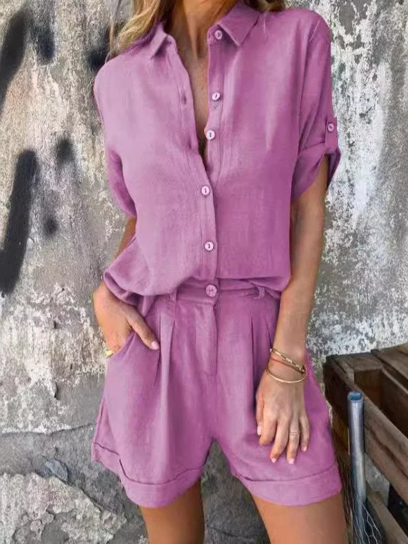 Women’s Jumpsuit – Relaxed Fit – Button-Up Top – Drawstring Waist – Soft Linen Blend
