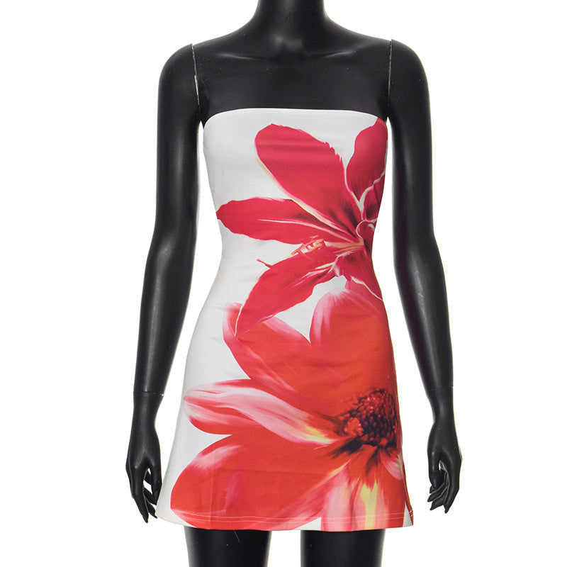 Women’s Mini Dress – Strapless Bodycon Fit – Stretch Fabric – Side Floral Print