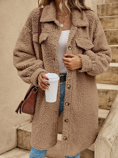 Women’s Long Coat – Plush Fleece – Oversized Fit – Button Down with Lapel Collar