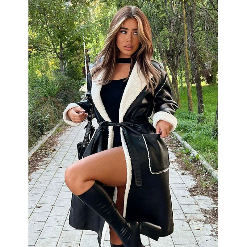 Women’s Long Coat – Oversized Fit – Faux Leather – Plush Trim – Tie Waist – Full Length