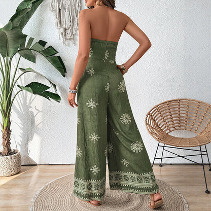 Women’s Strapless Jumpsuit – Wide Leg Fit – Cotton Linen – Self-Tie Waist – Boho Pattern