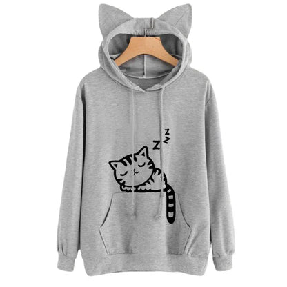 Women’s Hooded Sweatshirt – Loose Fit – Plush Feel – Cat Ears – Kangaroo Pocket