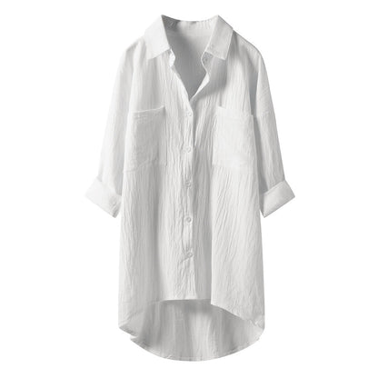 Women's Oversized Button-Up Shirt - Long Sleeve - High-Low Hem - Relaxed Fit - Front Pockets
