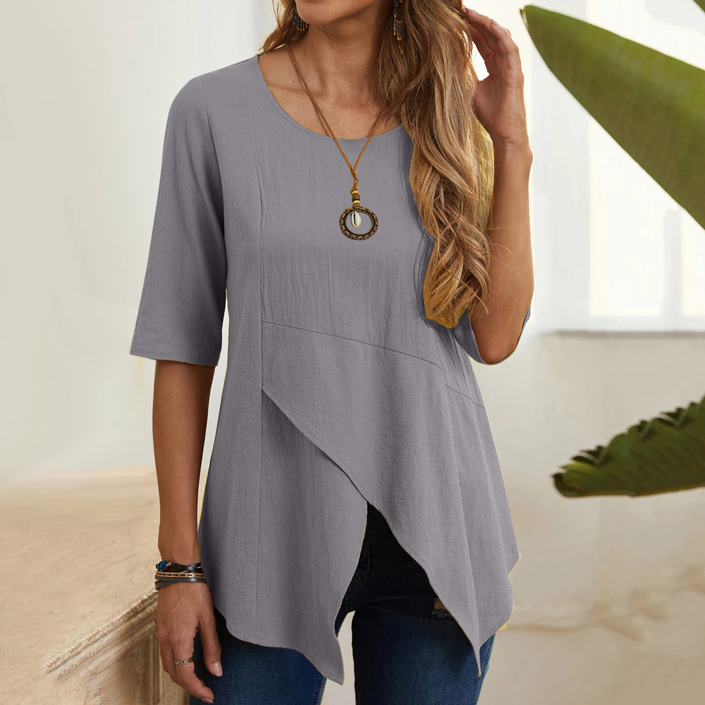 Women’s Tunic Top – Asymmetrical Hem – Half Sleeve – Loose Fit – Layered Design