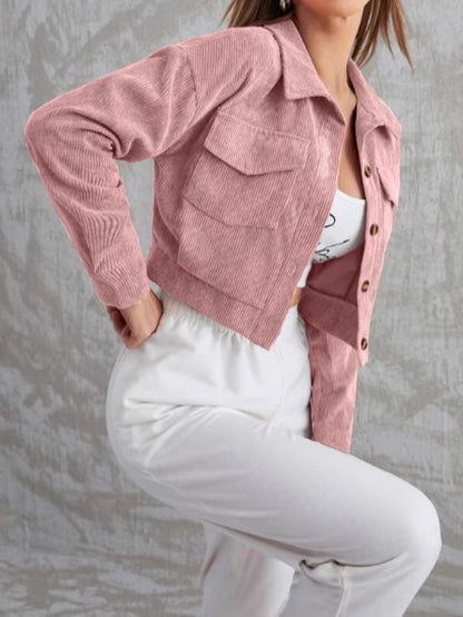 Women’s Corduroy Jacket – Relaxed Fit – Cropped Length – Button Front – Chest Pockets