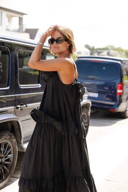 Women’s Maxi Dress – Lightweight Cotton Blend – Flowy Fit – Ruffle Neck – Tiered Skirt