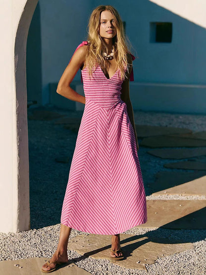 Women’s Midi Dress – A-Line Fit – Adjustable Straps – Deep V-Neck – Cotton Fabric