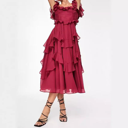 Women's Off-Shoulder Midi Dress - Tiered Ruffle Skirt - Elegant Flowing Fit