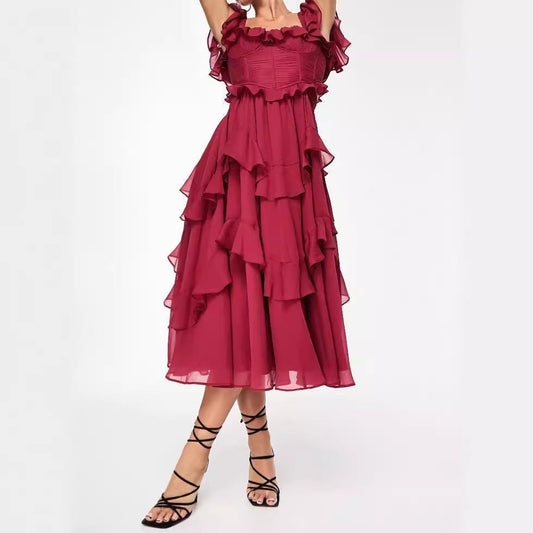 Off-Shoulder Flowing Ruffle Midi Dress