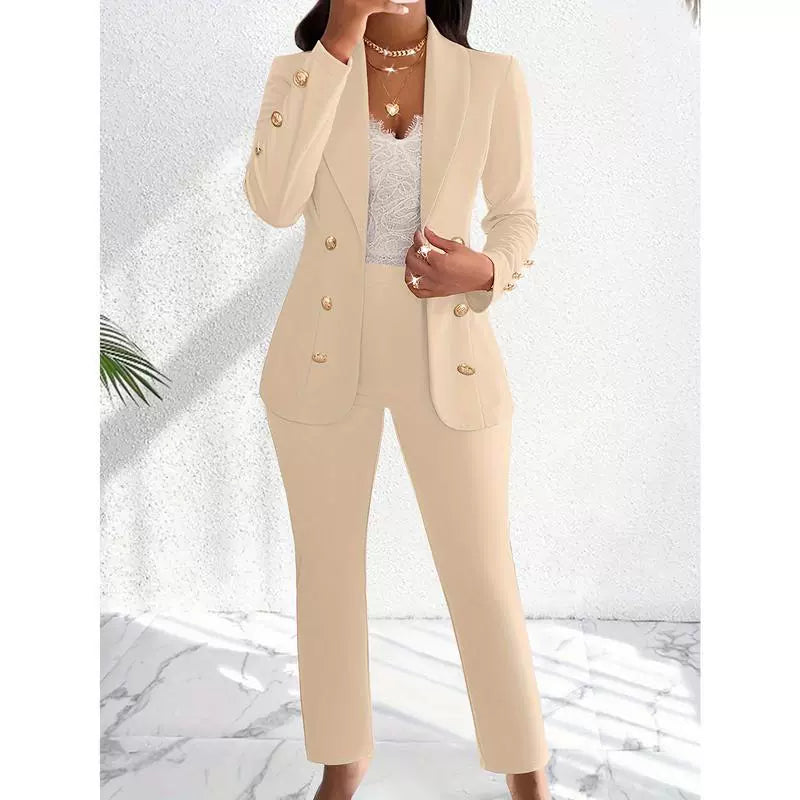 Women’s Two-Piece Pants Set – Slim Fit Blazer with Shawl Collar – Straight Leg Trousers