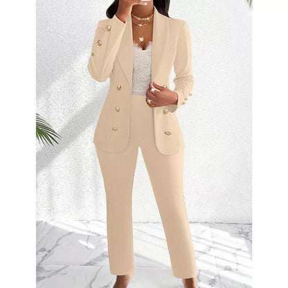 Women’s Two-Piece Pants Set – Slim Fit Blazer with Shawl Collar – Straight Leg Trousers